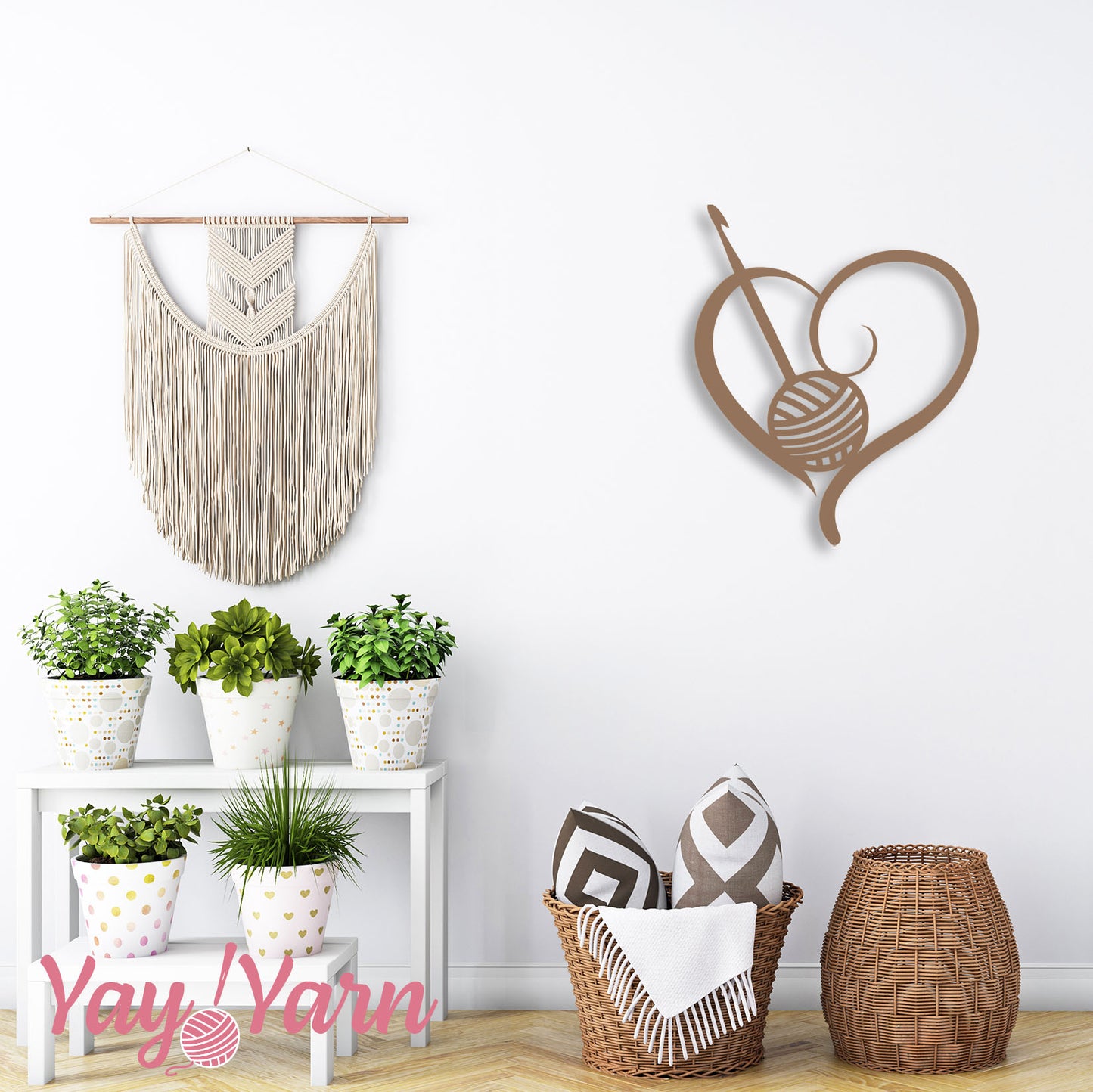 Crochet Heart Metal Wall Art Copper on White Wall Boho Living Room