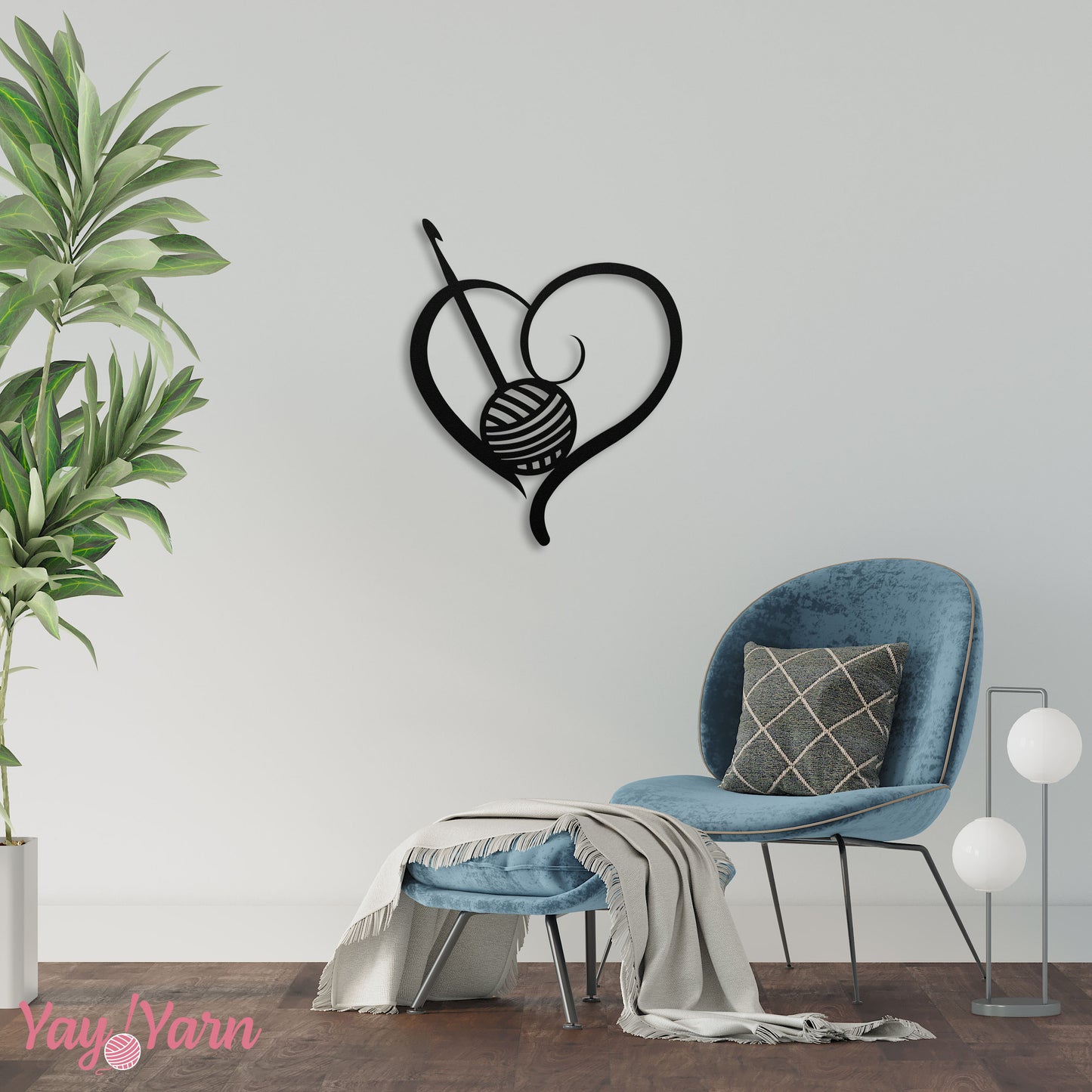 Crochet Heart Metal Wall Art Black in Modern Living Room Blue Velvet Chair