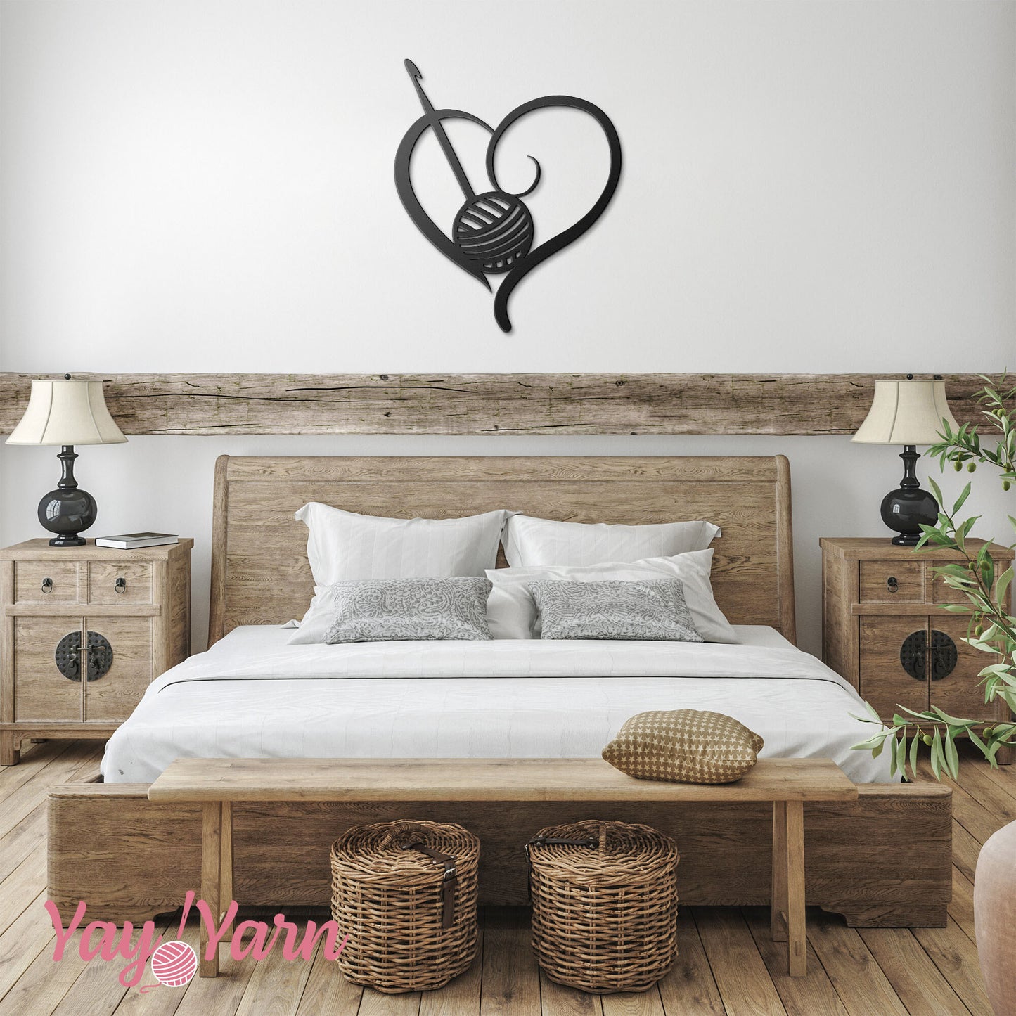 Crochet Heart Metal Wall Art Black on White While in Boho Bedroom