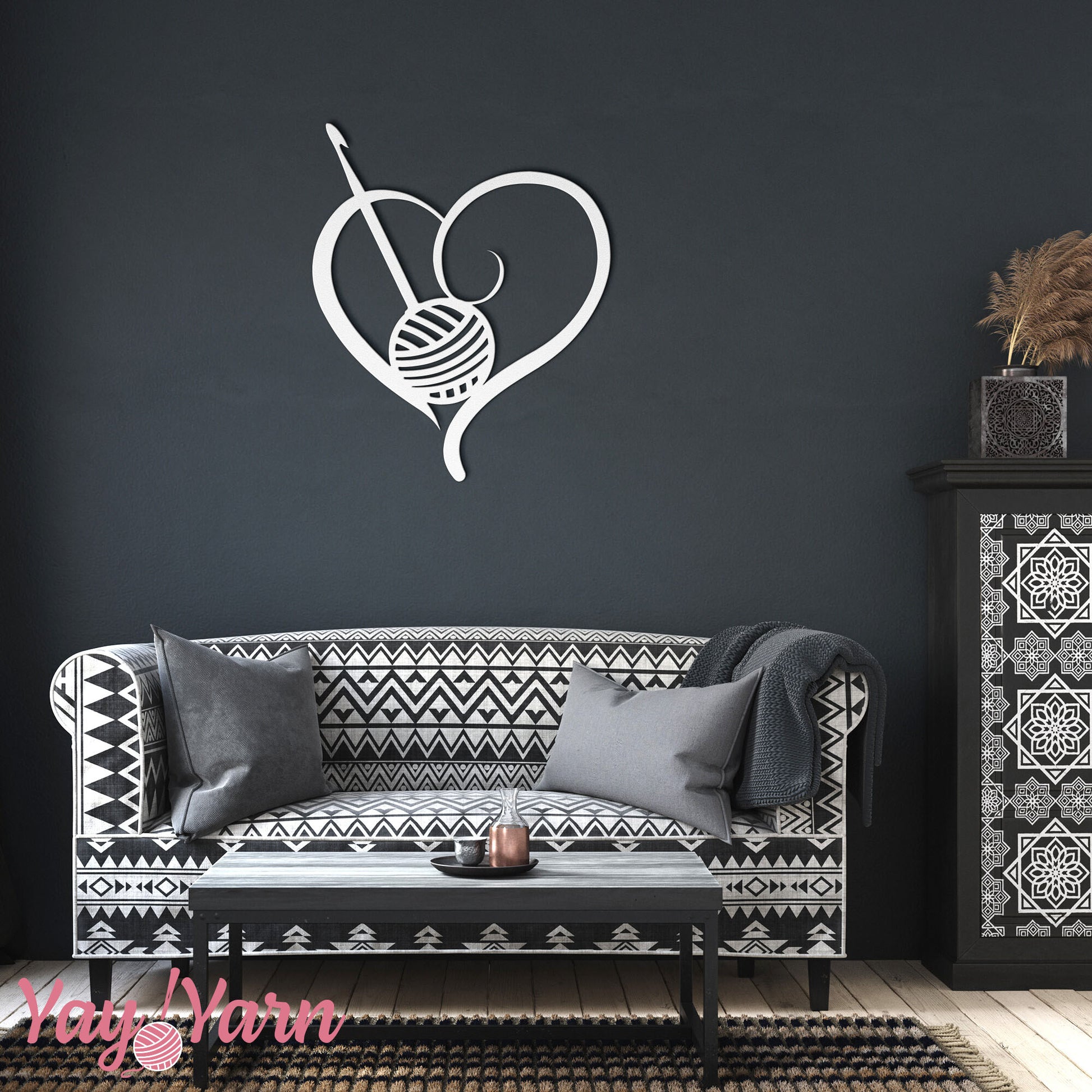 Crochet Heart Metal Wall Art White on Black Wall