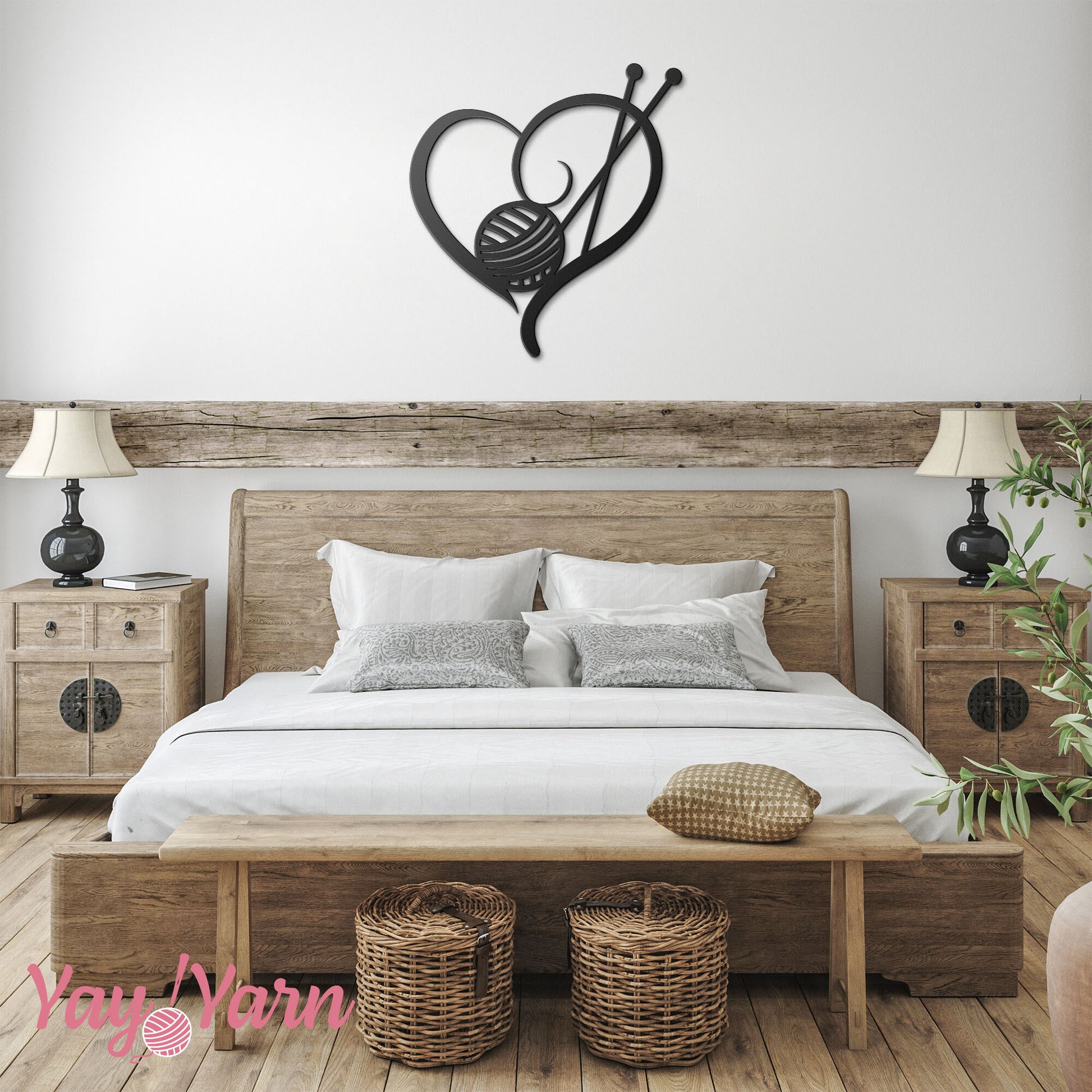Knit Heart Metal Wall Art Black on White Wall Boho Bedroom