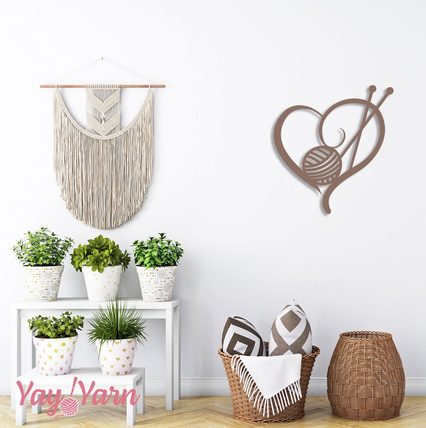 Knit Heart Metal Wall Art Copper on White Wall with Boho Baskets