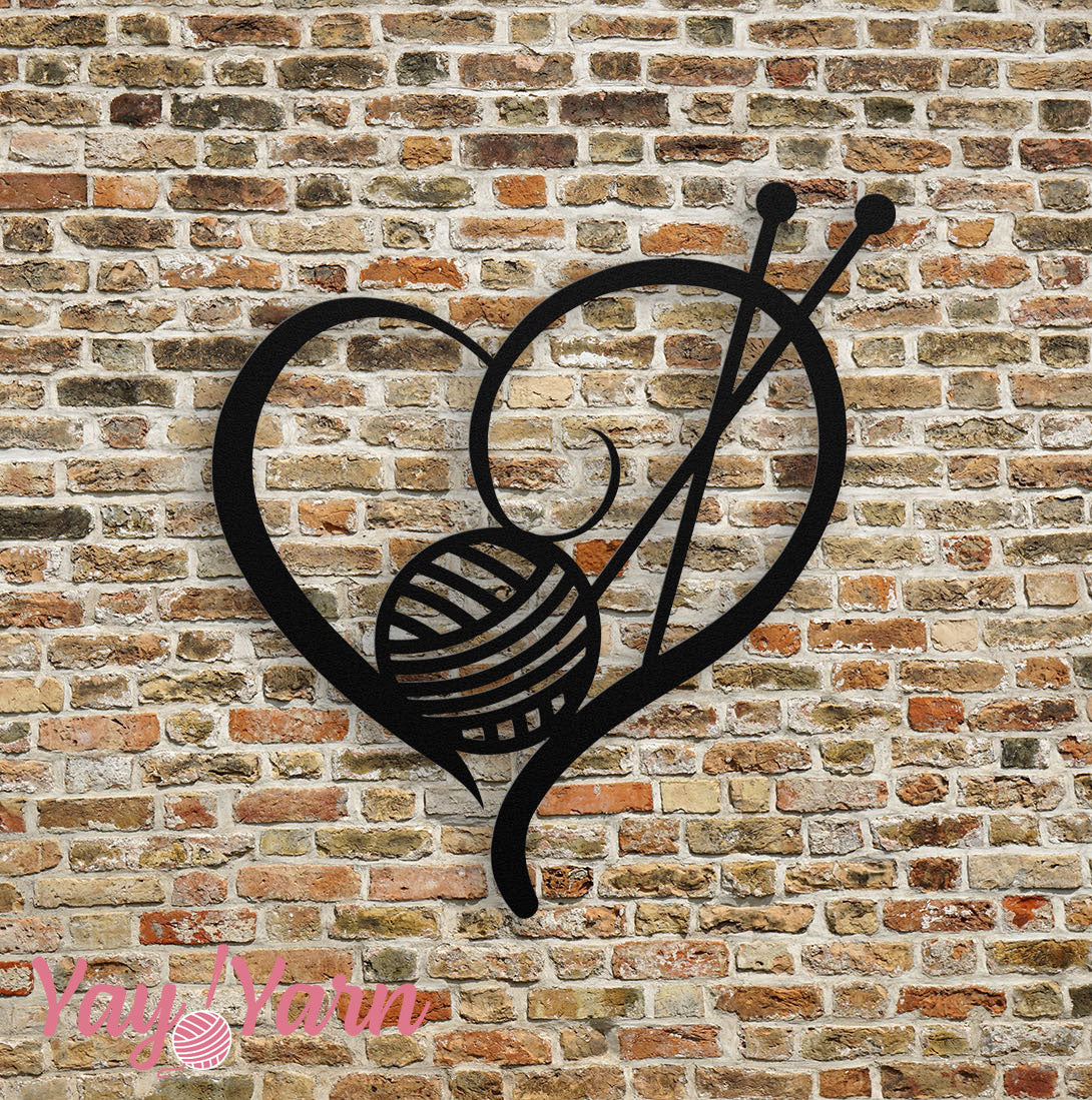 Knit Heart Metal Wall Art Black on Brick Wall