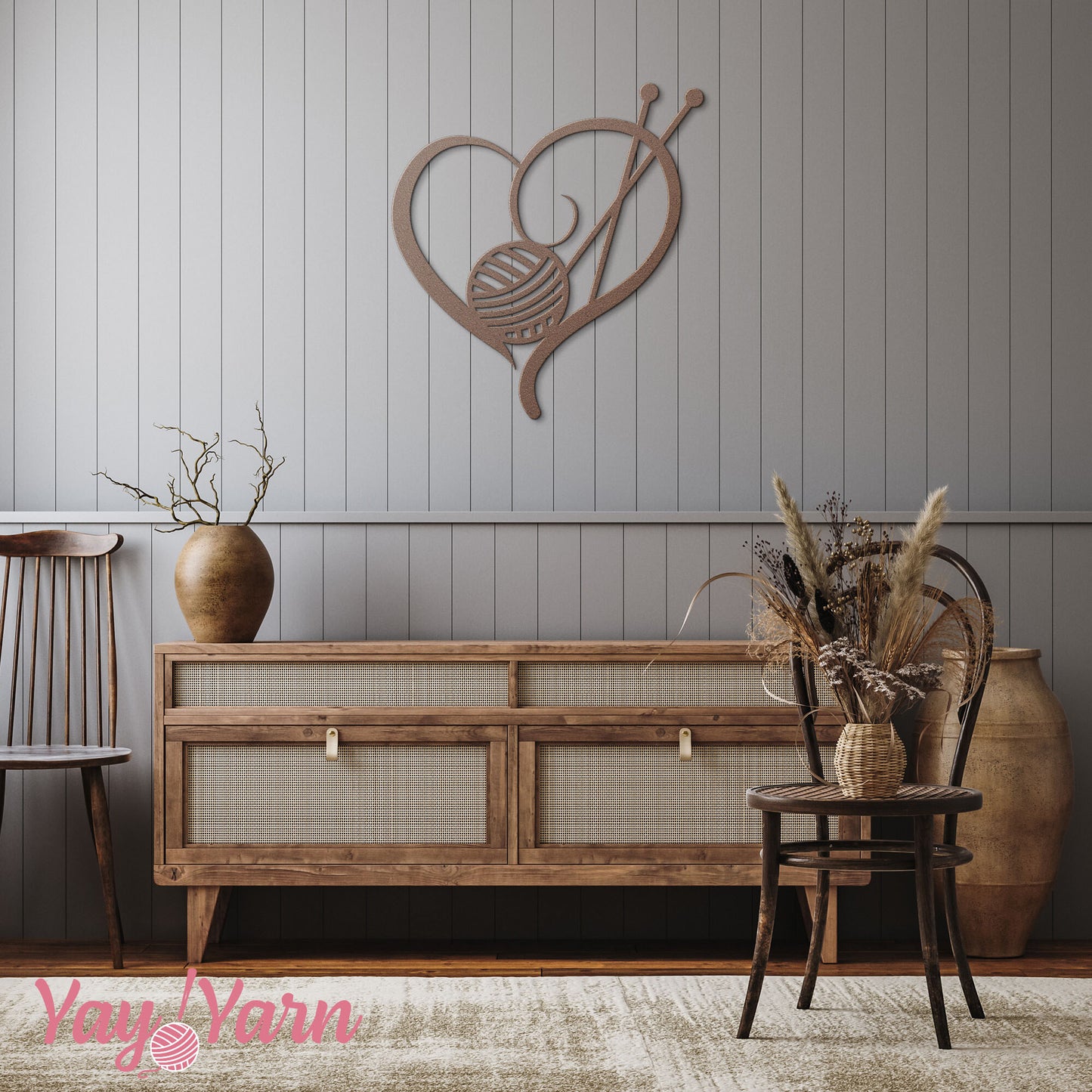 Knit Heart Metal Wall Art Copper on Grey Wall Boho Living Room