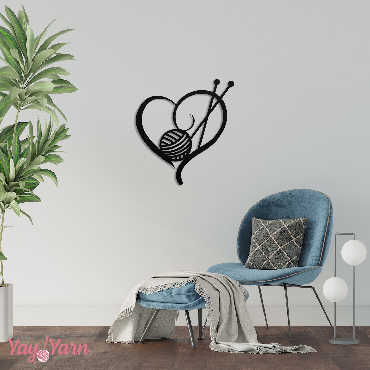 Knit Heart Metal Wall Art Black in Modern Living Room Blue Velvet Chair