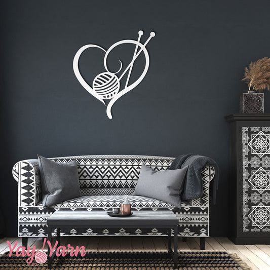 Knit Heart Metal Wall Art White on Black Wall