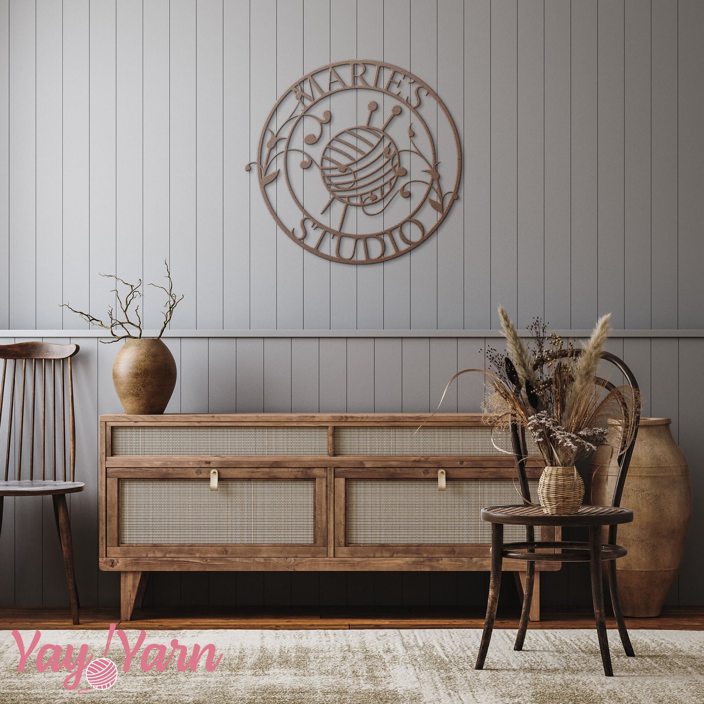 Knitting Studio Metal Wall Art Personalized Copper on Grey Wall Boho Living Room