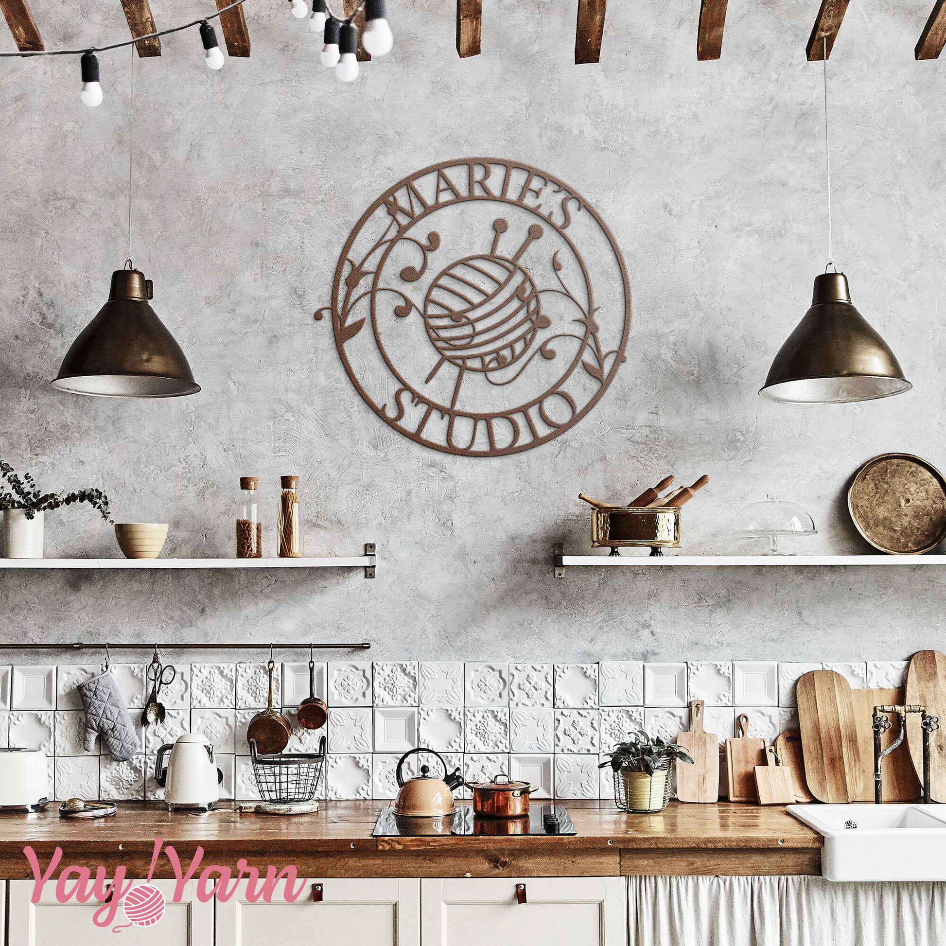 Knitting Studio Metal Wall Art Personalized Copper in Farmhouse Kitchen