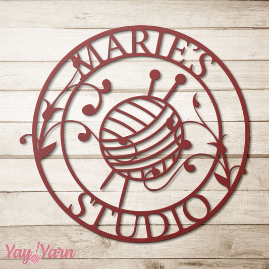 Knitting Studio Metal Wall Art Personalized Red on Natural Wood