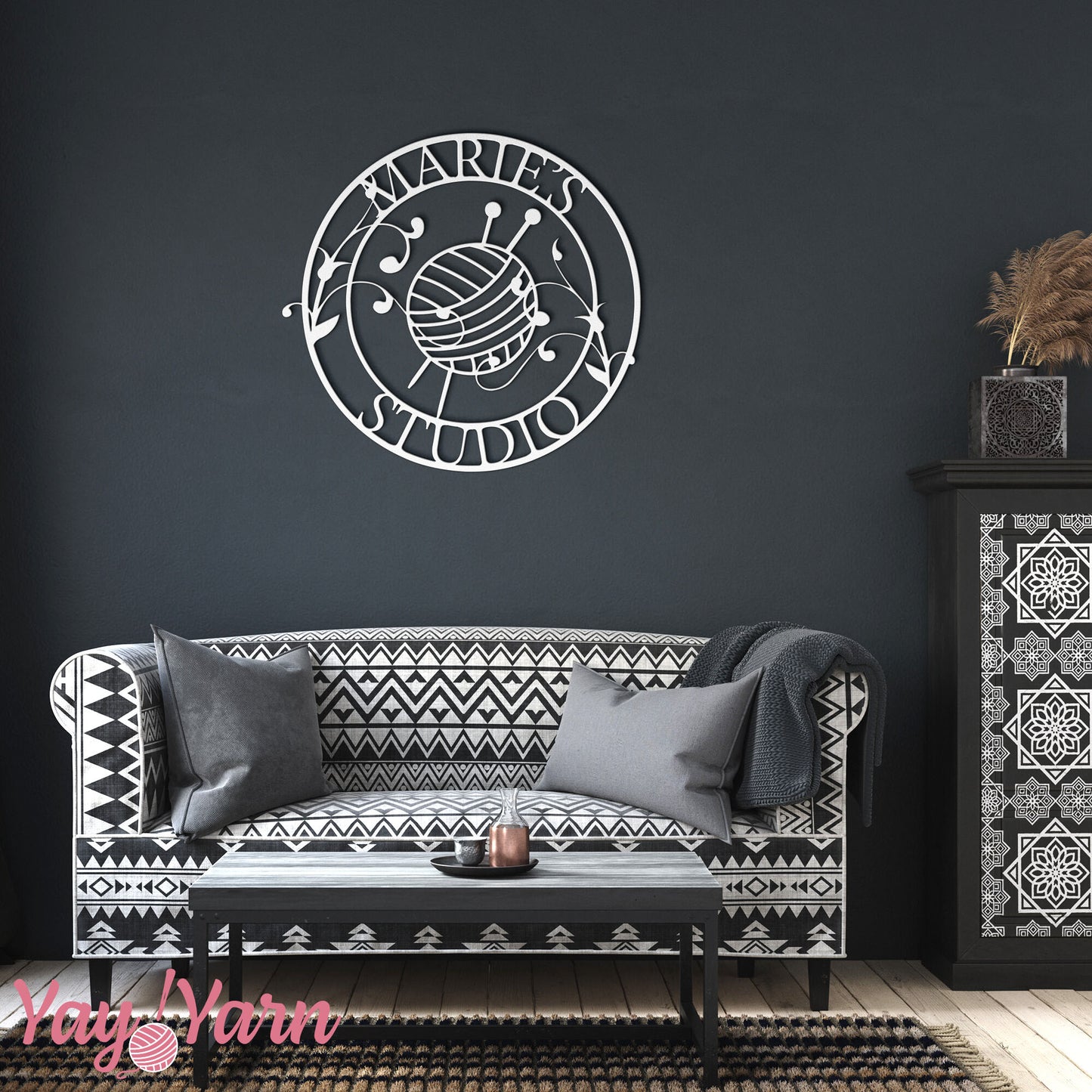 Knitting Studio Metal Wall Art Personalized White on Black Wall
