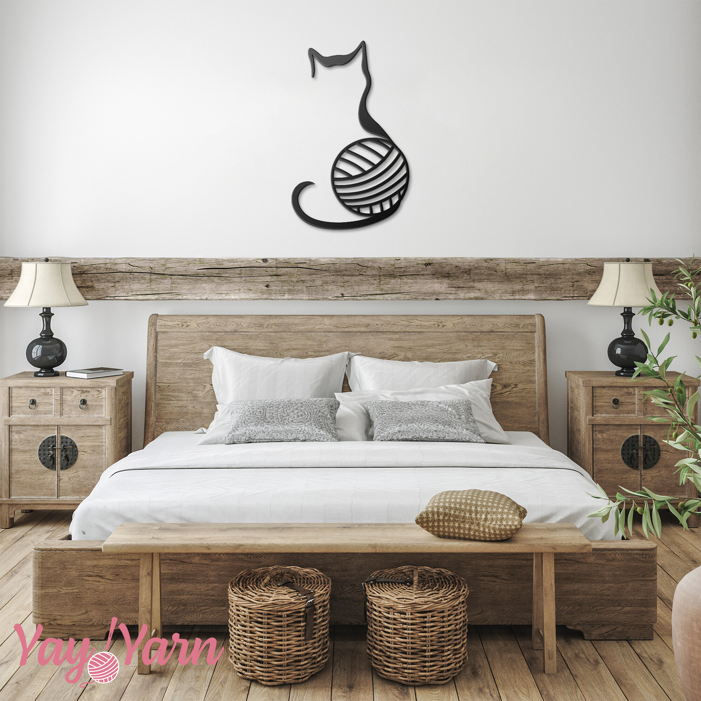 Yarn Cat Metal Wall Art Black on White Wall in Boho Bedroom