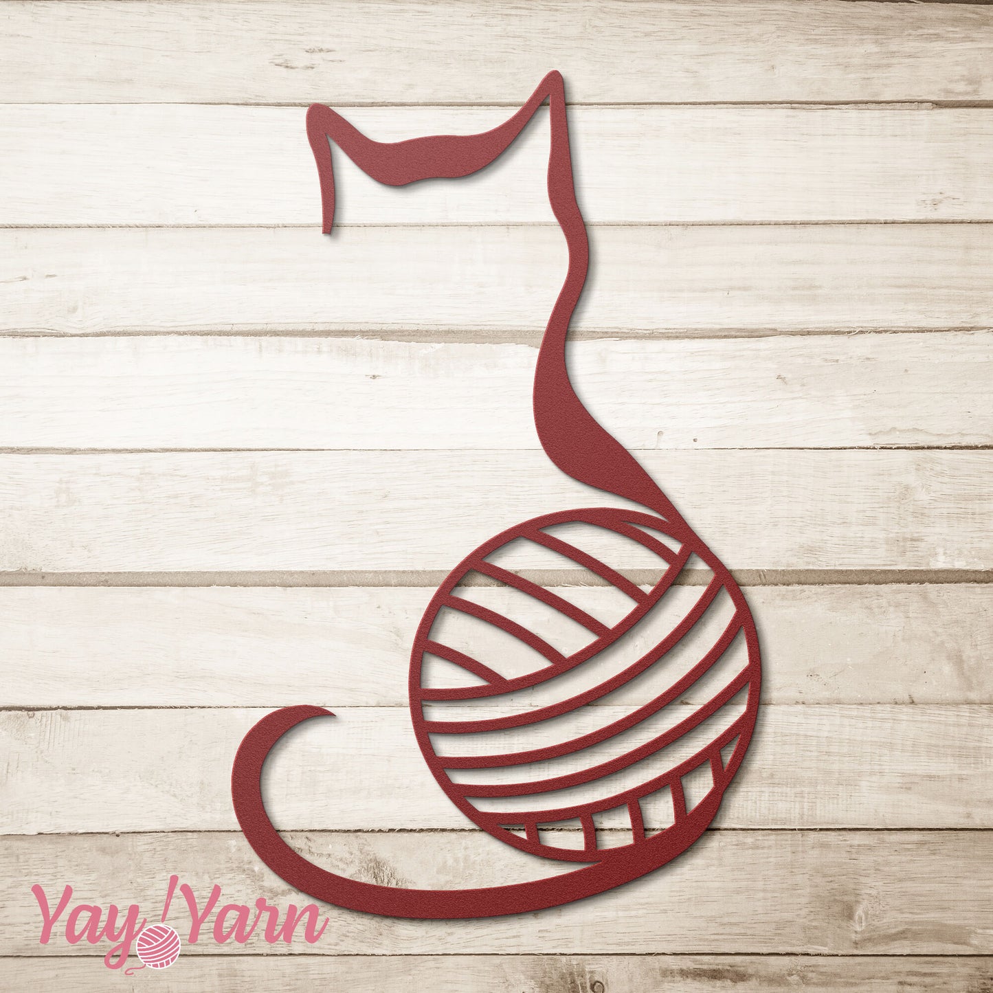 Yarn Cat Metal Wall Art Red on Natural Wood Background