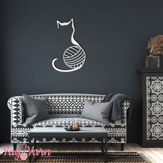 Yarn Cat Metal Wall Art White on Black Wall